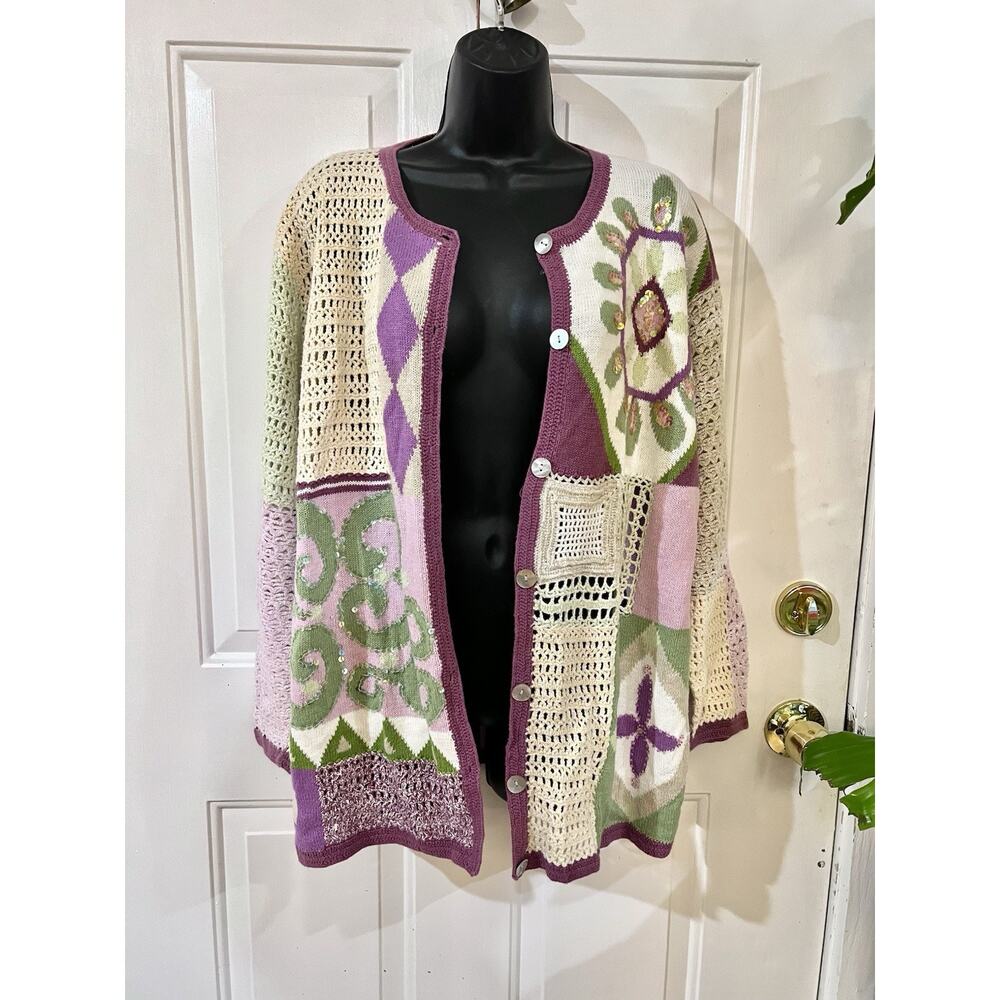 Vintage Storybook Knits Geometric Patchwork Cardigan Sweater XL Cottagecore - Picture 12 of 14